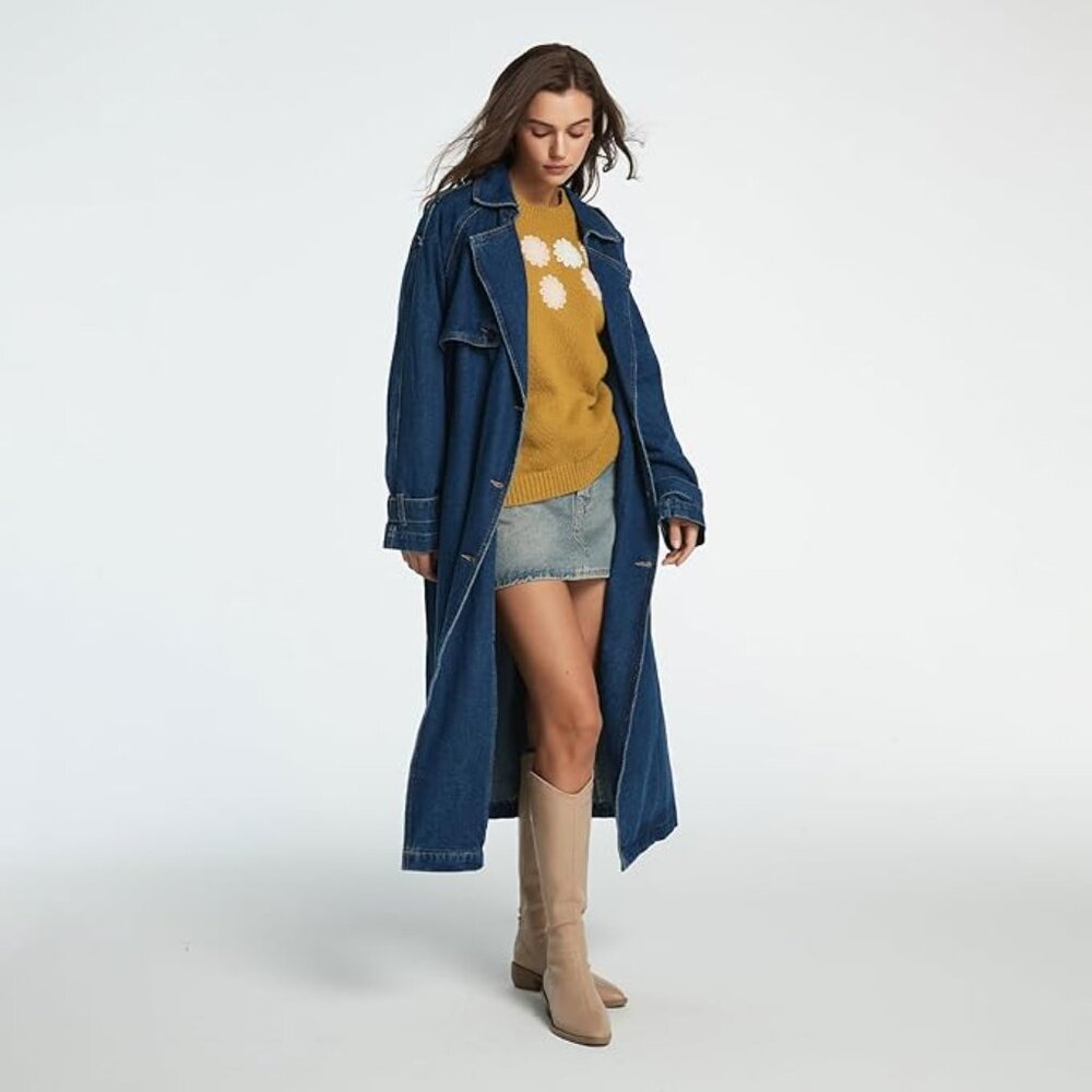Women's Lapel Denim Trench Coat Long Sleeve Double Midi Classic Breasted Jackets - Picture 2 of 7